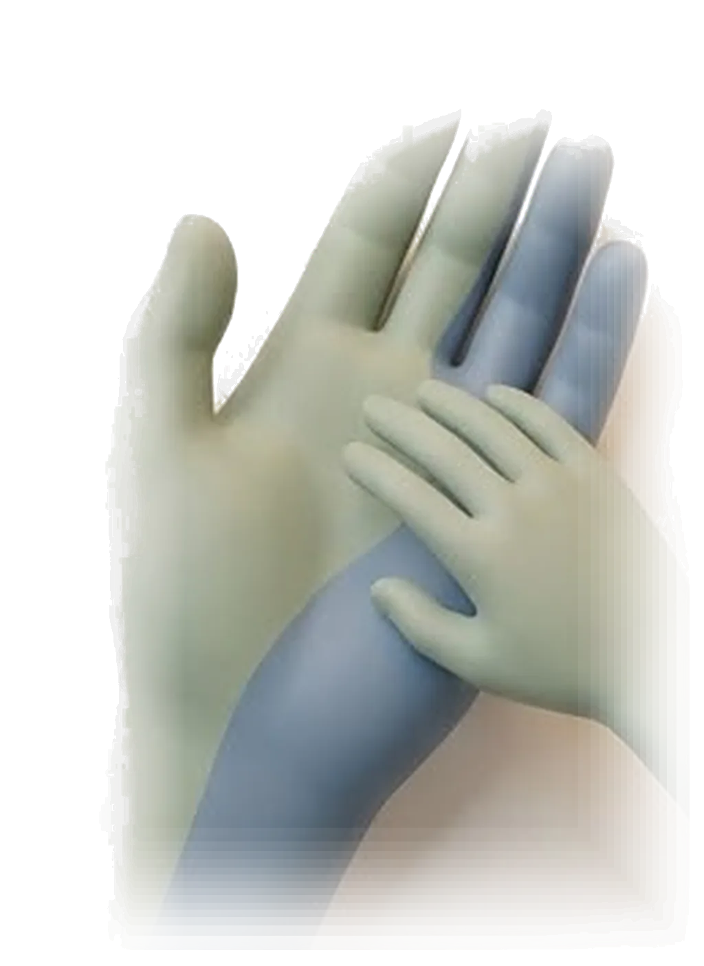 Two clay hands, one resting gently on the other.